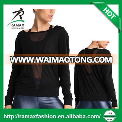 Ramax Custom Women Sport Boat Neck Long Sleeve Sexy Black Mesh Running Gym T Shirt